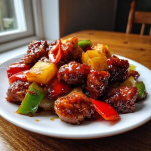Close-up of glossy, saucy chicken pieces mixed with pineapple and bell peppers, resembling hawaiian chicken sheet pan ingredients.
