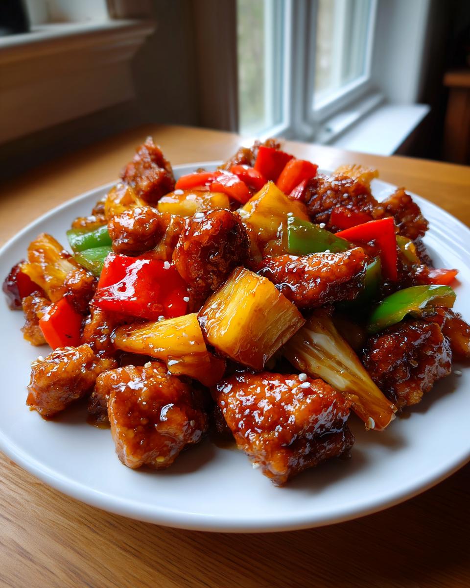 Close-up of glazed chicken pieces mixed with pineapple chunks and bell peppers, similar to hawaiian chicken sheet pan.