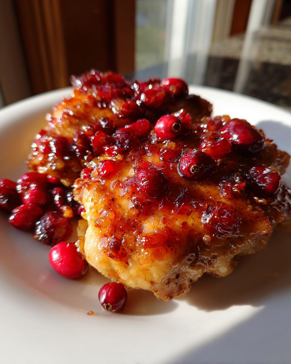 Close-up of baked cranberry chicken topped with a thick, glossy cranberry glaze and whole fresh cranberries.