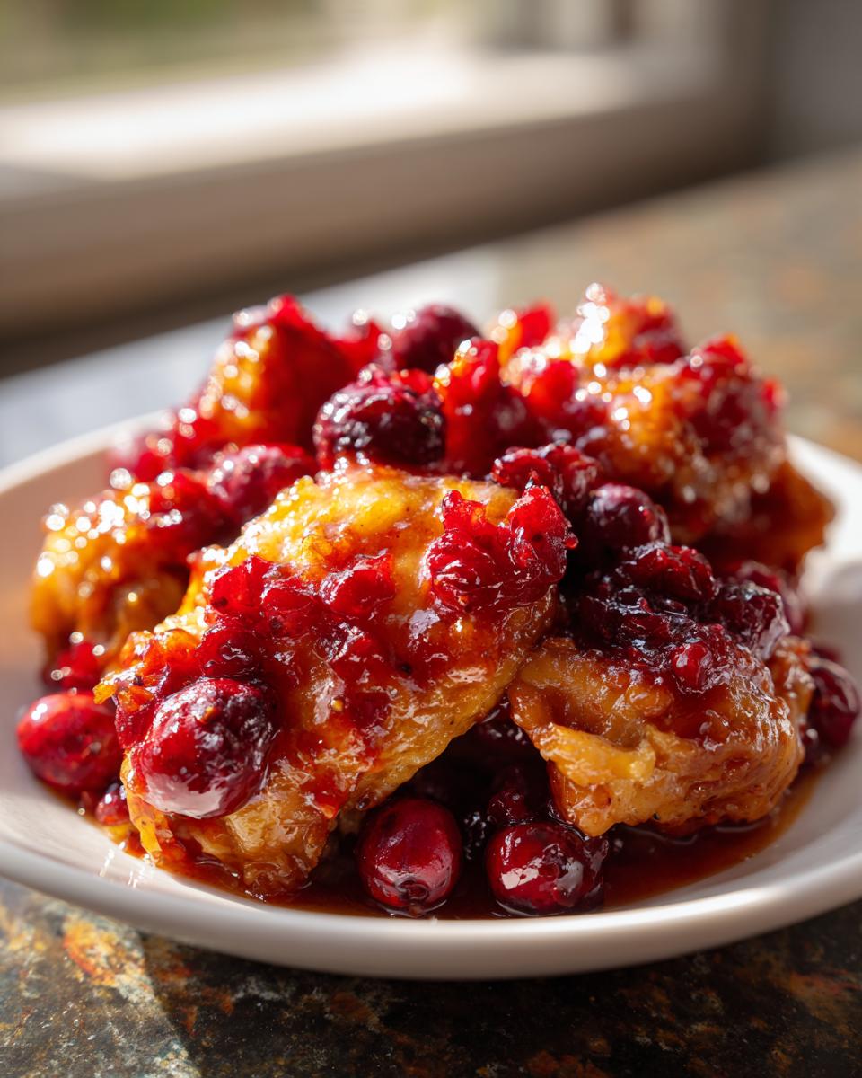 Close-up of golden baked chicken pieces smothered in a rich, glossy cranberry sauce, featuring whole cranberries.