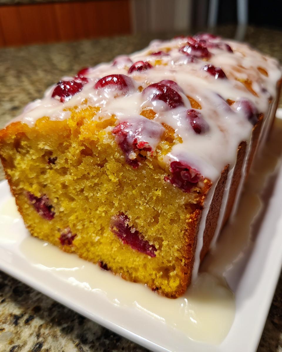 A close-up of a freshly baked cranberry orange bread loaf topped with a thick white glaze and whole cranberries.