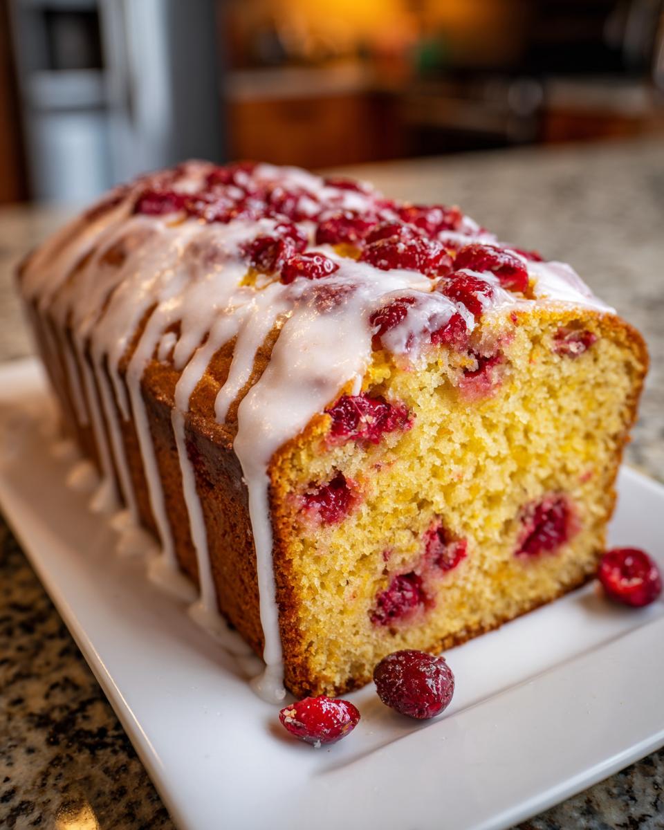 A loaf of moist cranberry orange bread topped with white glaze and fresh cranberries.