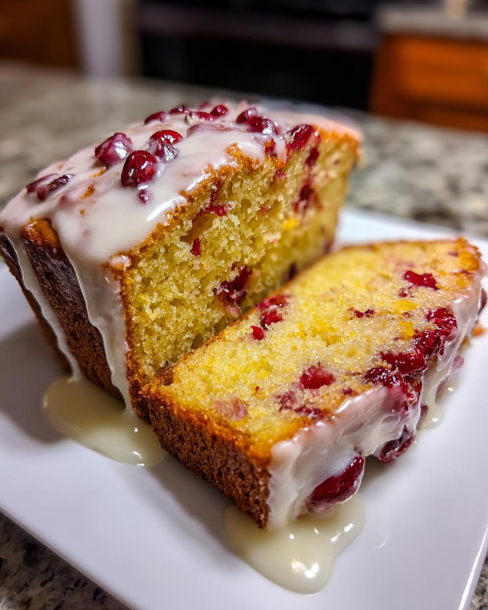Two slices of moist cranberry orange bread topped with thick white glaze and whole cranberries.