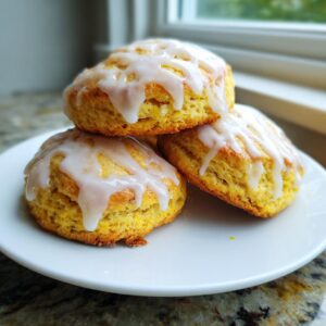 Three moist lemon scones stacked on a white plate, drizzled generously with bright white lemon glaze.