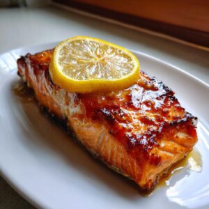 A perfectly cooked piece of glazed salmon recipe topped with a bright slice of lemon on a white plate.