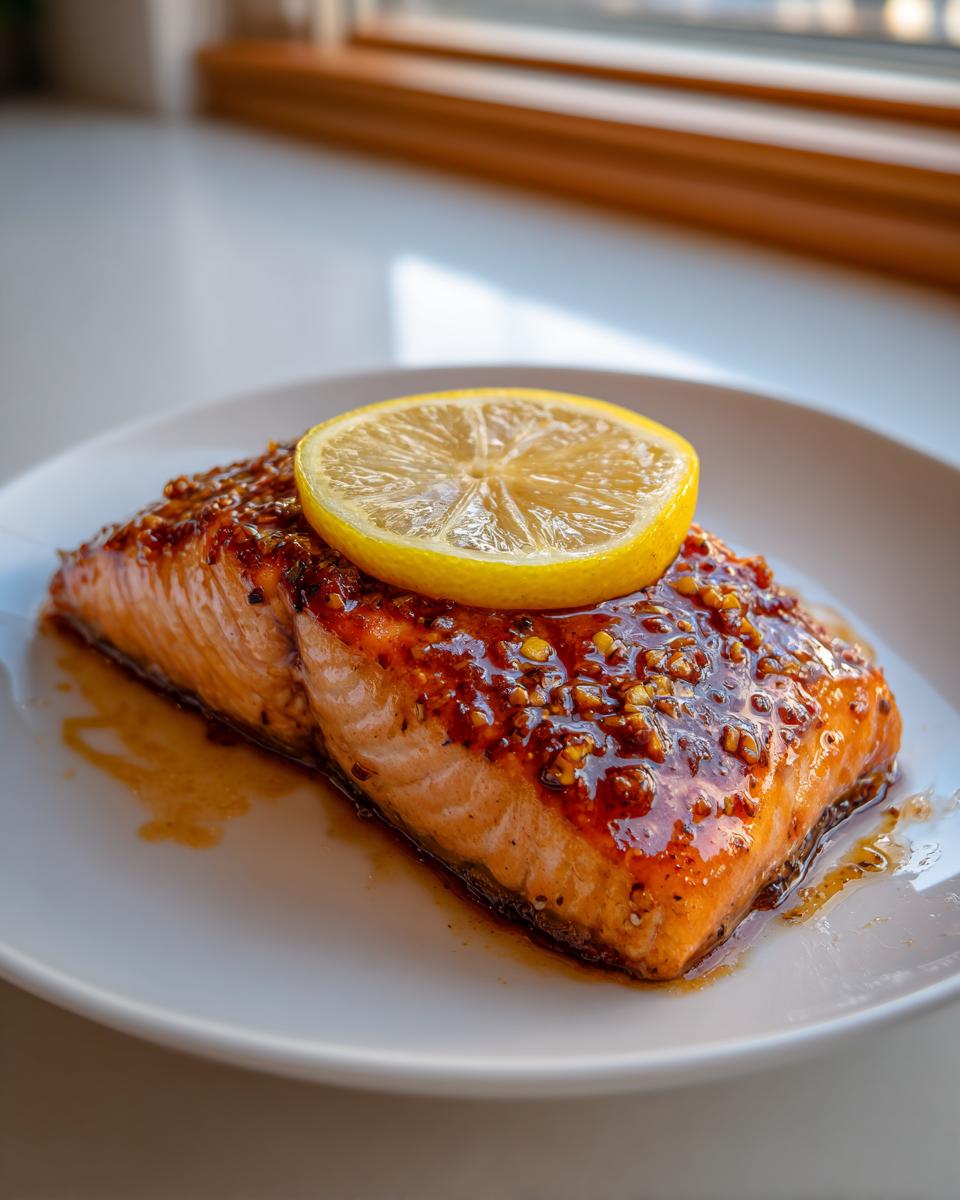 A perfectly cooked, glazed salmon fillet topped with a bright lemon slice, ready to eat from this salmon recipe.