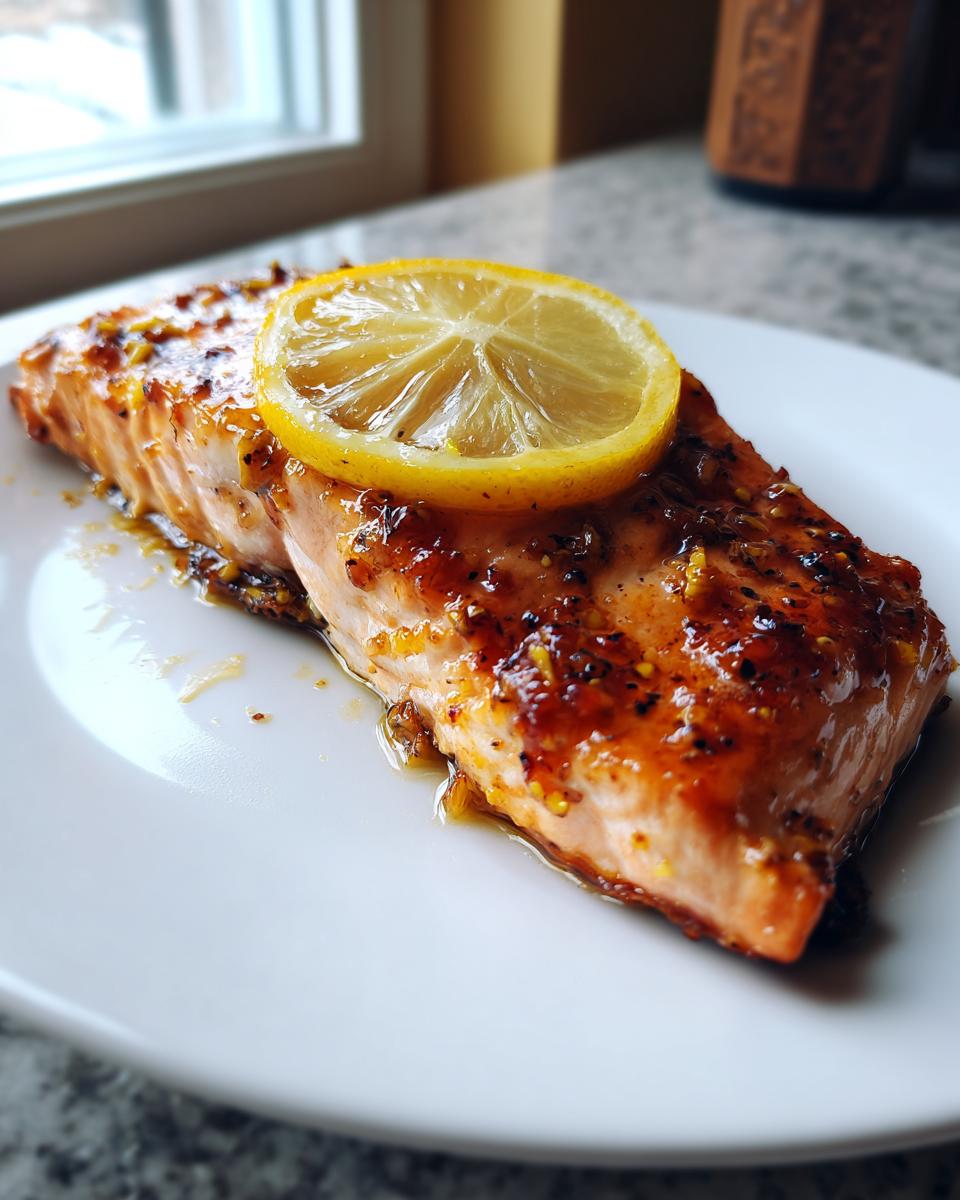 A perfectly cooked piece of glazed salmon recipe topped with a bright lemon slice on a white plate.