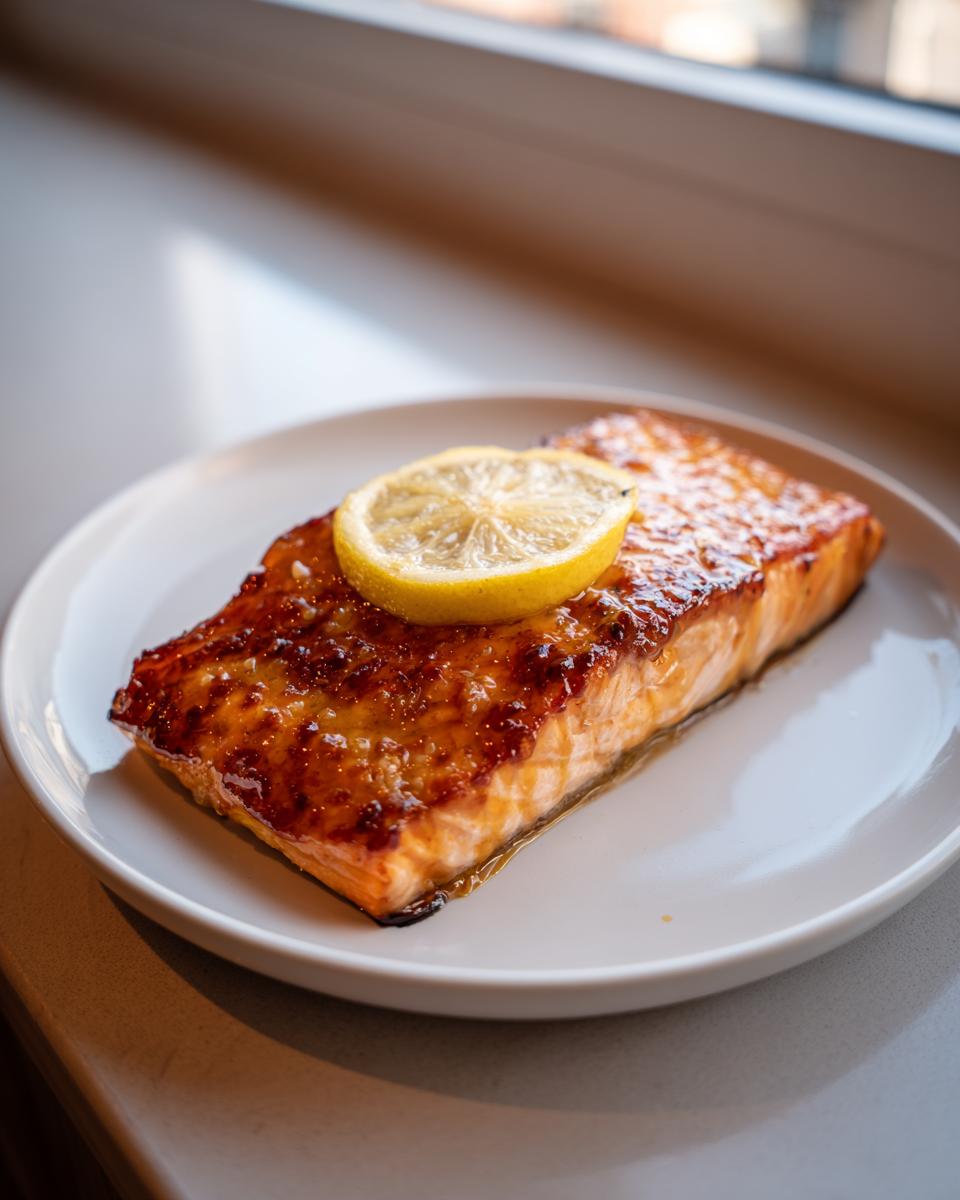 A perfectly cooked, glazed salmon fillet topped with a bright lemon slice, ready to eat from our amazing salmon recipe.