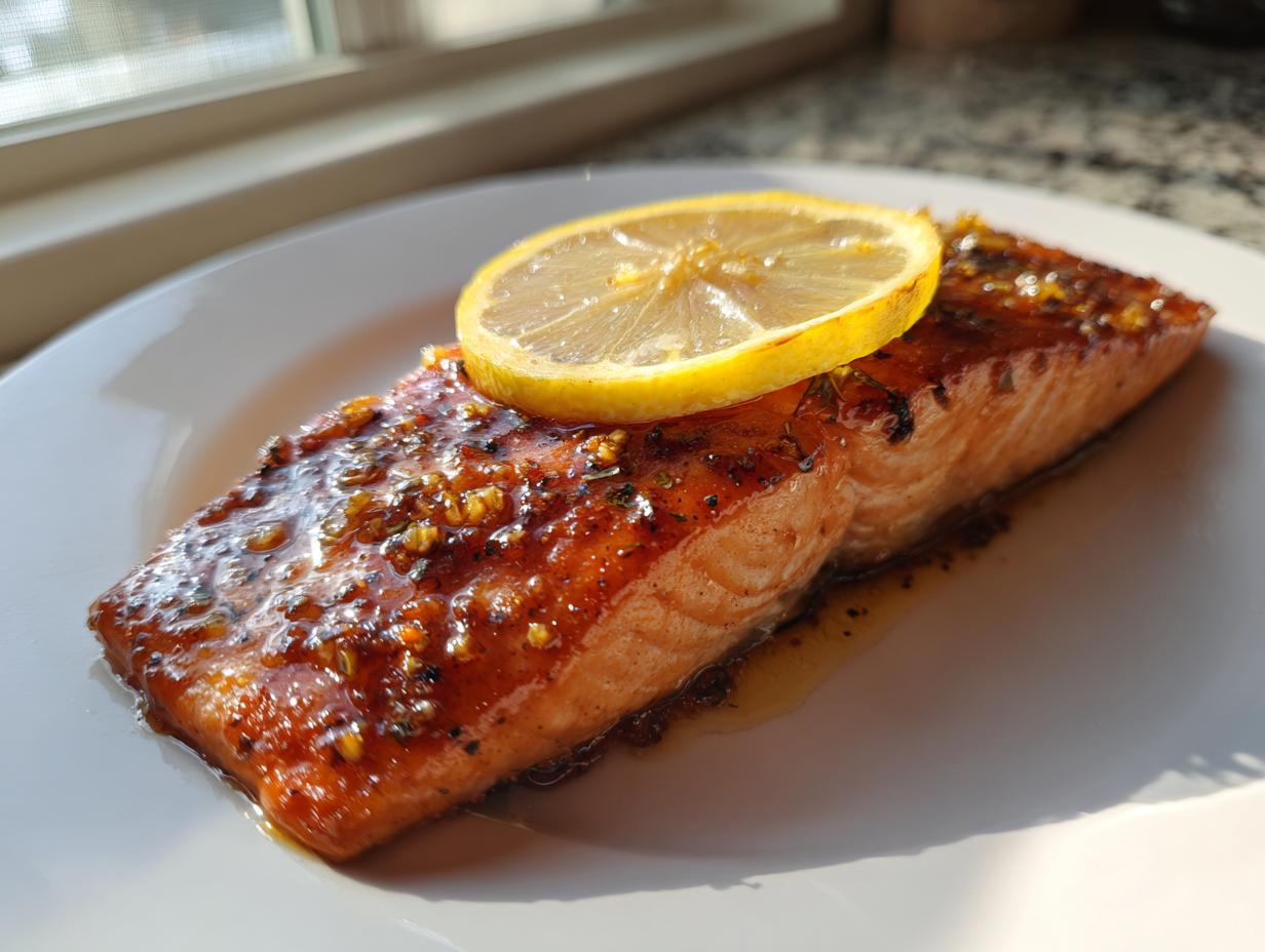 A perfectly cooked, glazed salmon fillet topped with a bright lemon slice, ready for this amazing salmon recipe.