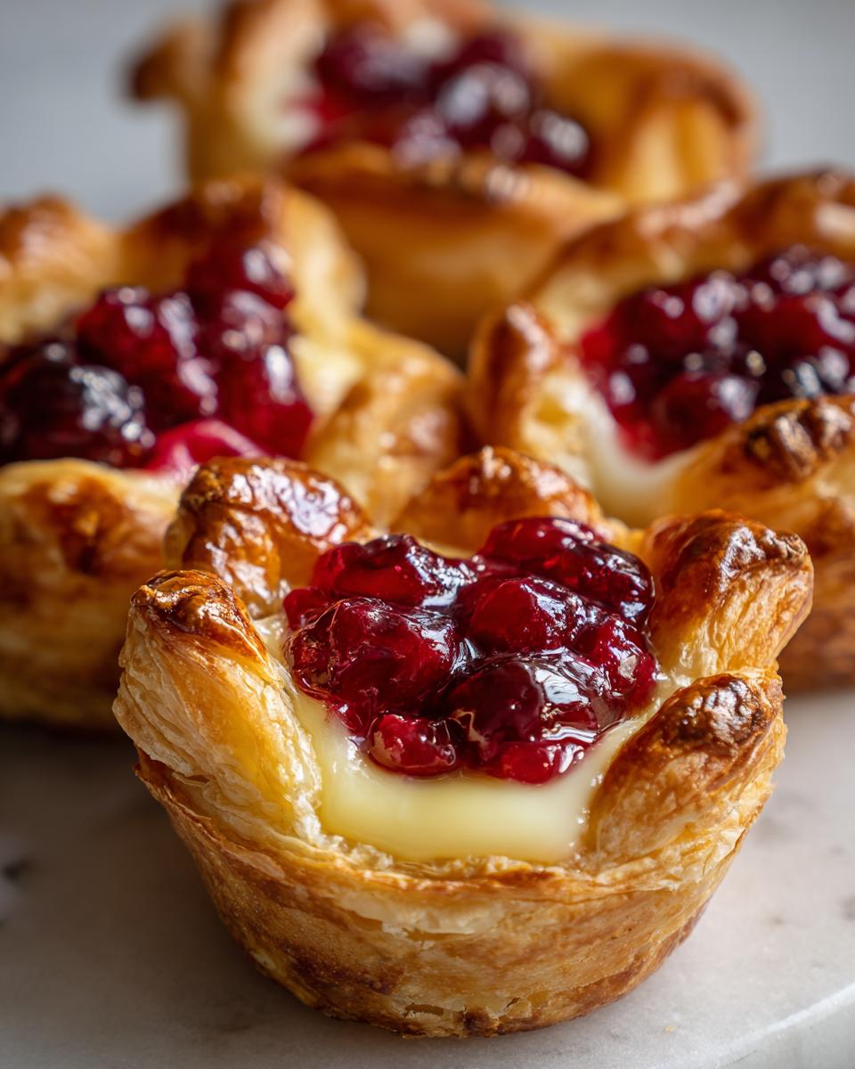 Close-up of a flaky pastry cup filled with melted brie and topped with glistening cranberry sauce, one of the amazing brie bites.