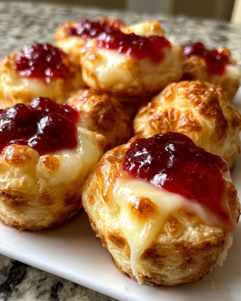 Close-up of several golden baked brie bites topped with melted brie cheese and bright red jam.