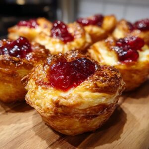 Close-up of golden, flaky pastry brie bites topped with glistening red jam or fruit preserve.
