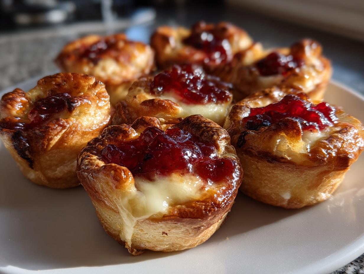 Close-up of several golden baked brie bites topped with melted brie and bright red jam.
