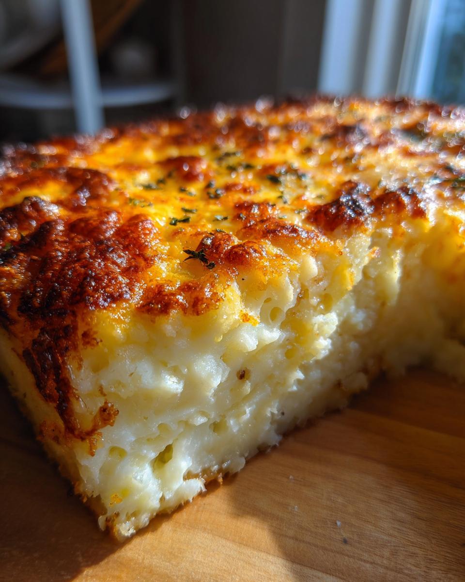 Close-up of a thick slice of baked mashed potatoes casserole with a deeply browned, cheesy crust.