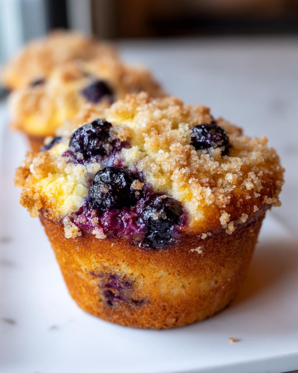 A close-up of a golden brown blueberry muffin topped with a sugary streusel and bursting with juicy blueberries.