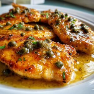 Close-up of golden-brown chicken piccata fillets covered in a bright lemon-butter sauce and capers.