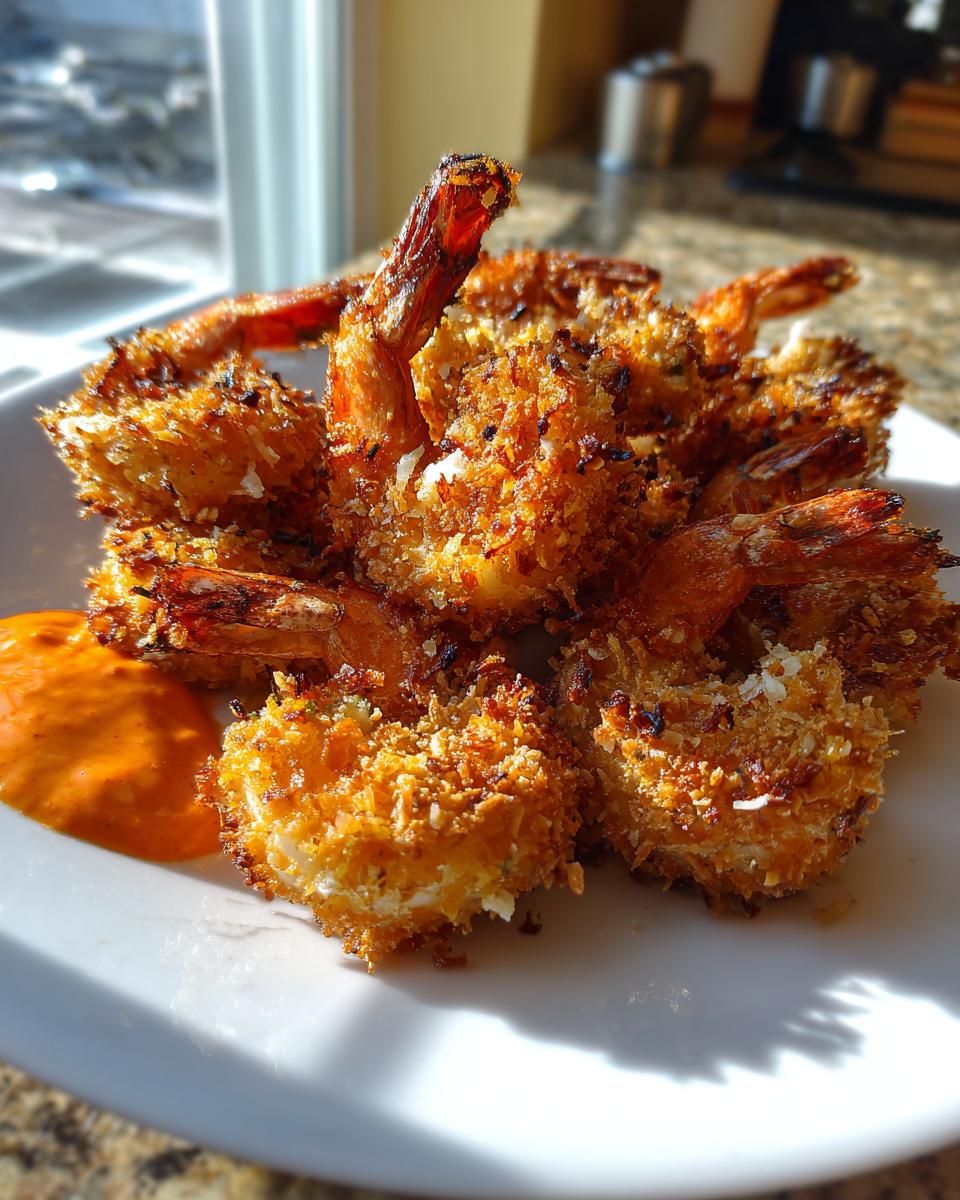 A pile of golden brown, crispy coconut shrimp served on a white plate with a side of orange dipping sauce.