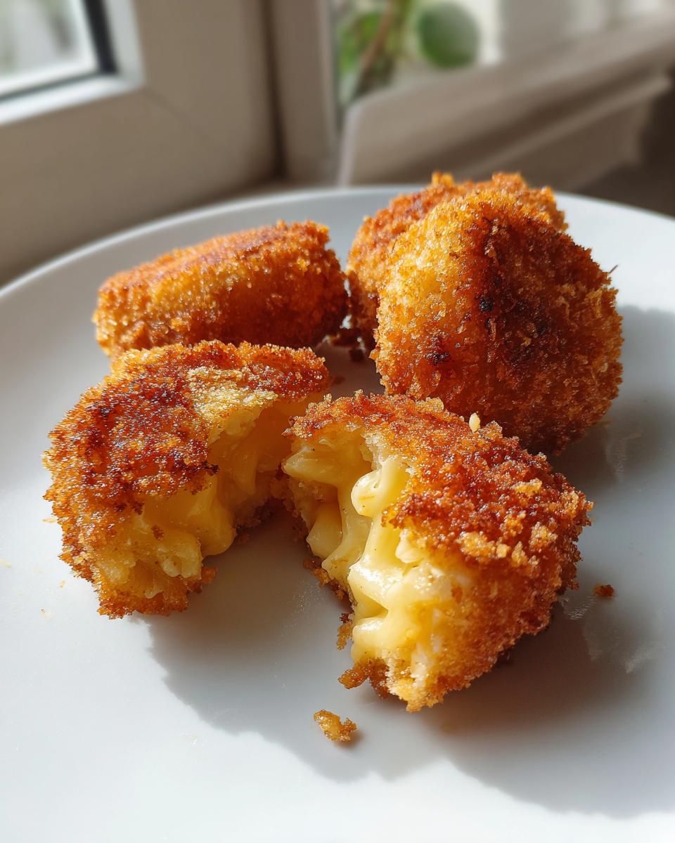Close-up of crispy, golden fried potato croquettes, one split open revealing creamy macaroni and cheese filling.