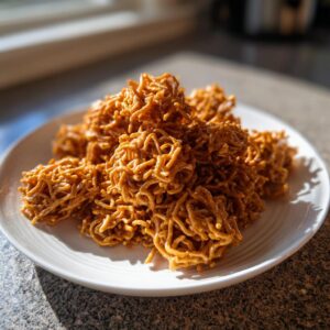A white plate piled high with golden brown, crunchy haystack cookies catching the sunlight.