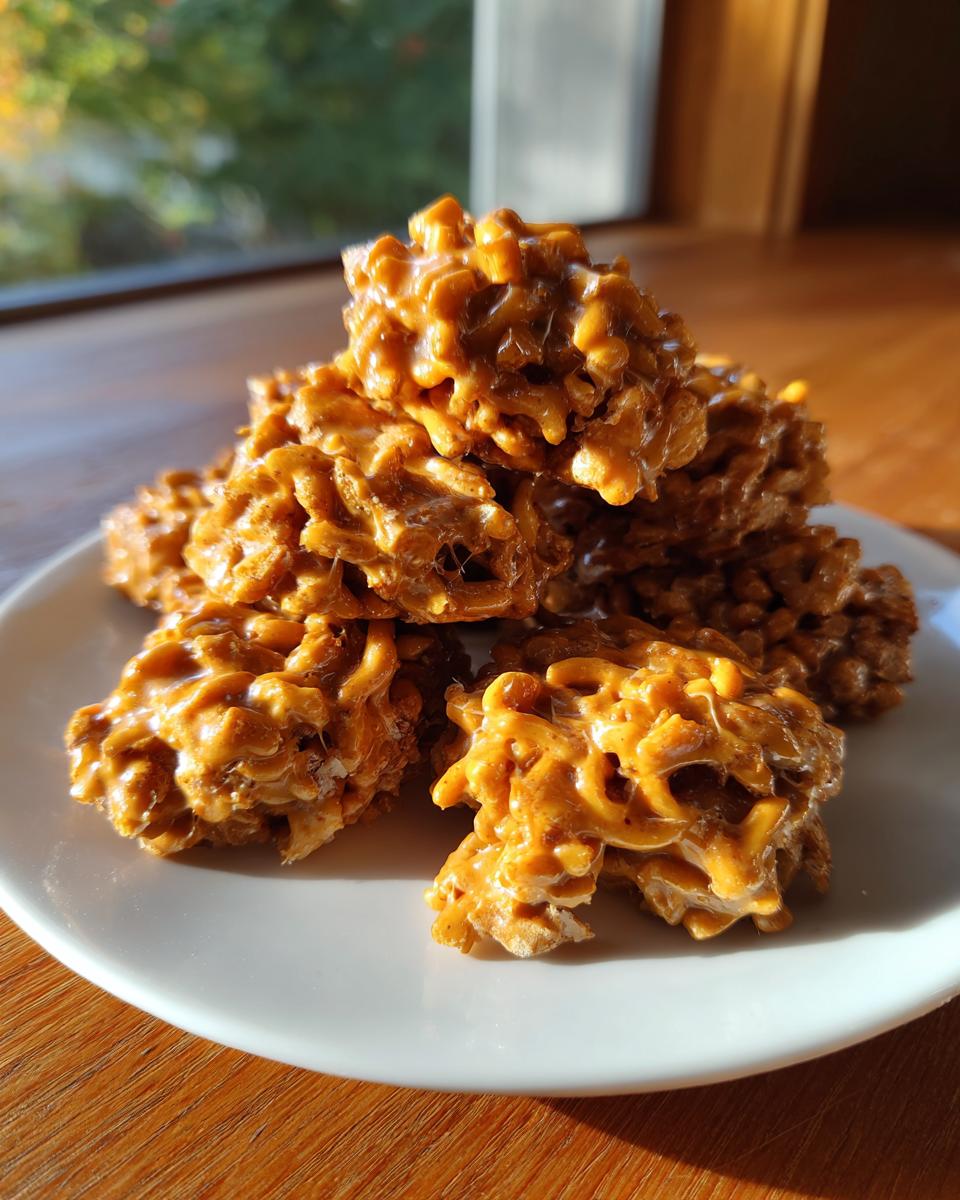 A close-up stack of sticky, golden brown haystack cookies glistening in the sunlight on a white plate.