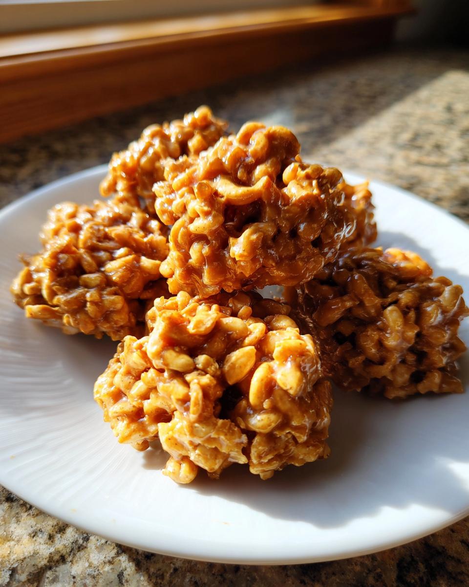 A close-up of five golden brown, glossy haystack cookies piled on a white plate.