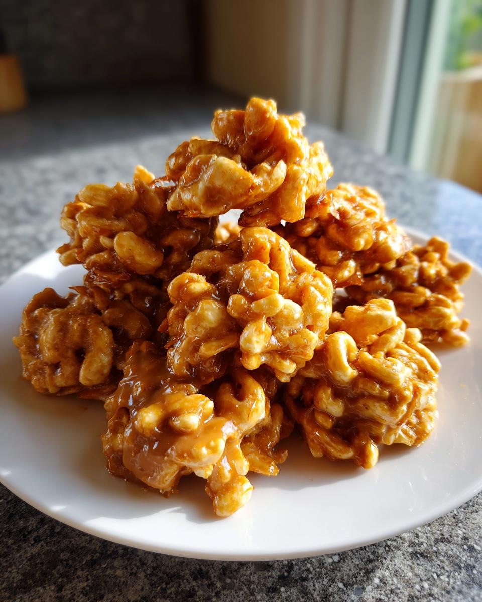 A close-up pile of glossy, golden-brown haystack cookies stacked high on a white plate.
