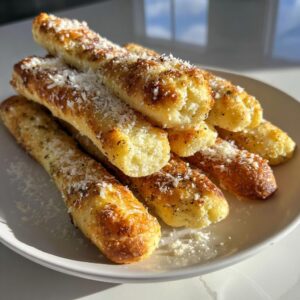 A stack of freshly baked, golden brown breadsticks generously topped with grated Parmesan cheese and herbs.
