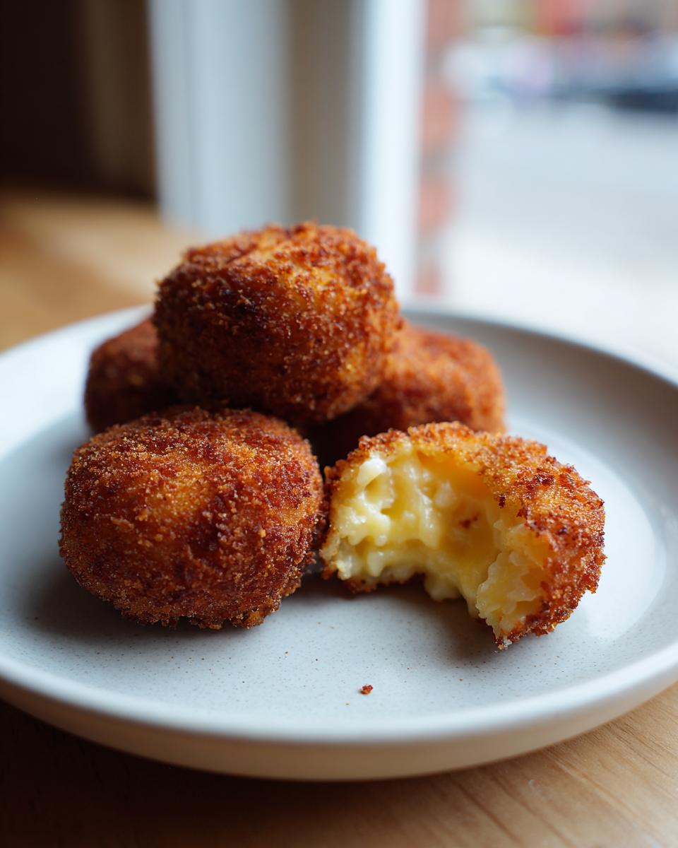 Close-up of golden brown, crispy potato croquettes on a plate, one is broken open showing the creamy interior.