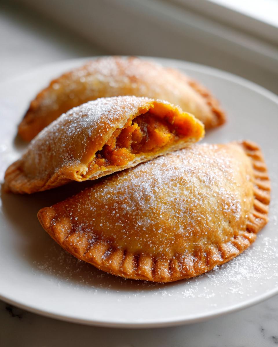 Close-up of golden-brown pumpkin empanadas, one cut open to show the filling, dusted with sugar.