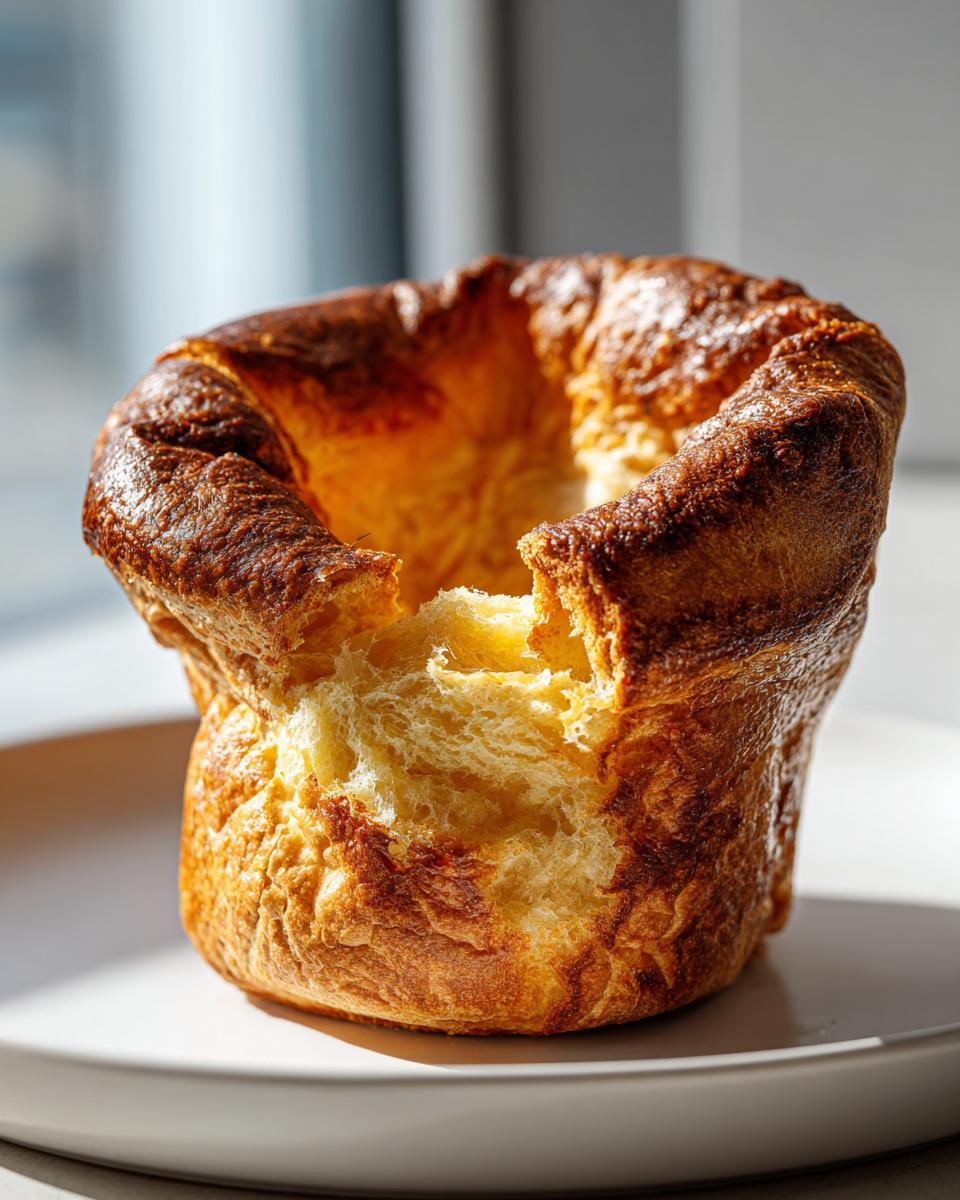 A single, tall, golden-brown yorkshire pudding with a crispy exterior and soft interior visible.