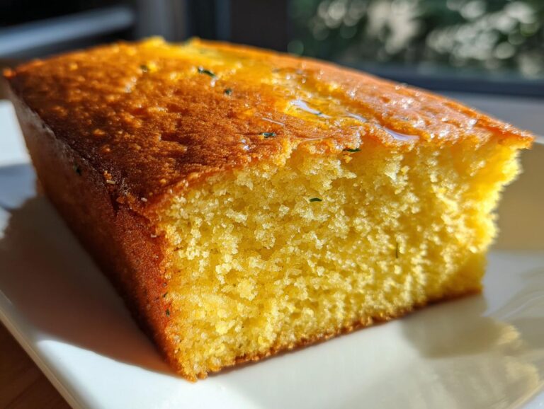 Close-up of a moist, golden slice of sourdough cornbread drizzled with honey on a white plate.