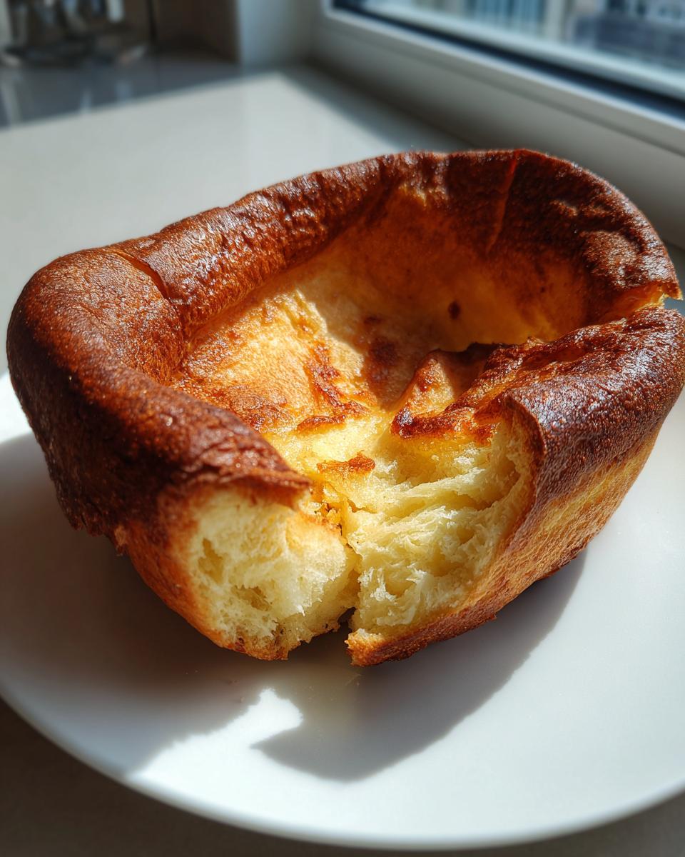 A single, golden-brown yorkshire pudding with a deep well, broken open to show the fluffy interior, sitting on a white plate.