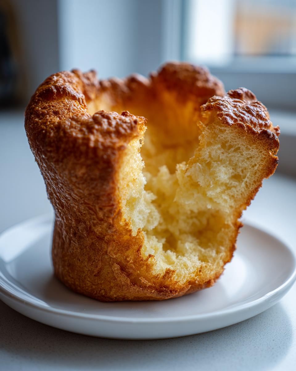 Close-up of a golden brown, risen yorkshire pudding with a piece torn away revealing the airy, soft interior.