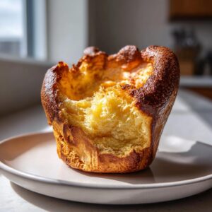 Close-up of a golden brown, risen yorkshire pudding with a fluffy interior on a light plate.