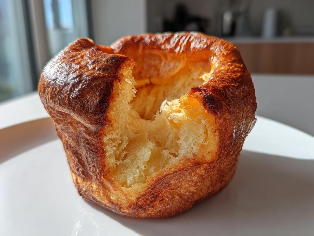 Close-up of a tall, golden brown yorkshire pudding with a crispy exterior and soft interior.