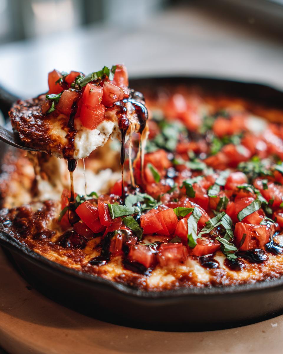 A spoonful of hot, gooey 3-Cheese Bruschetta Dip being lifted from a cast iron skillet, showing melted cheese strings and fresh tomato topping.