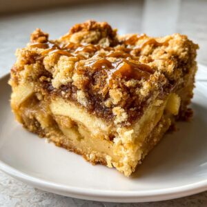 Close-up of a gooey caramel apple dump cake slice with a crumb topping and caramel drizzle.