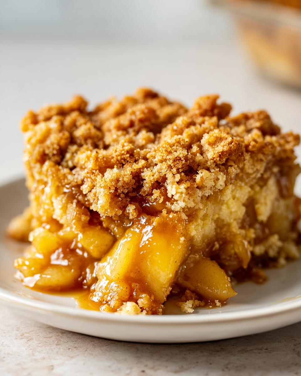 Close-up of a moist slice of caramel apple dump cake with gooey filling and crumb topping.