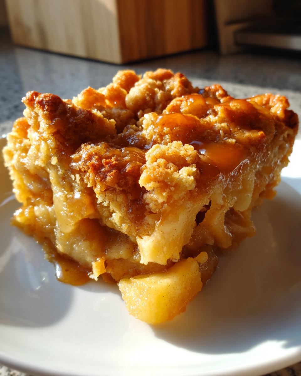 A close-up of a warm, gooey slice of caramel apple dump cake with a crumb topping.