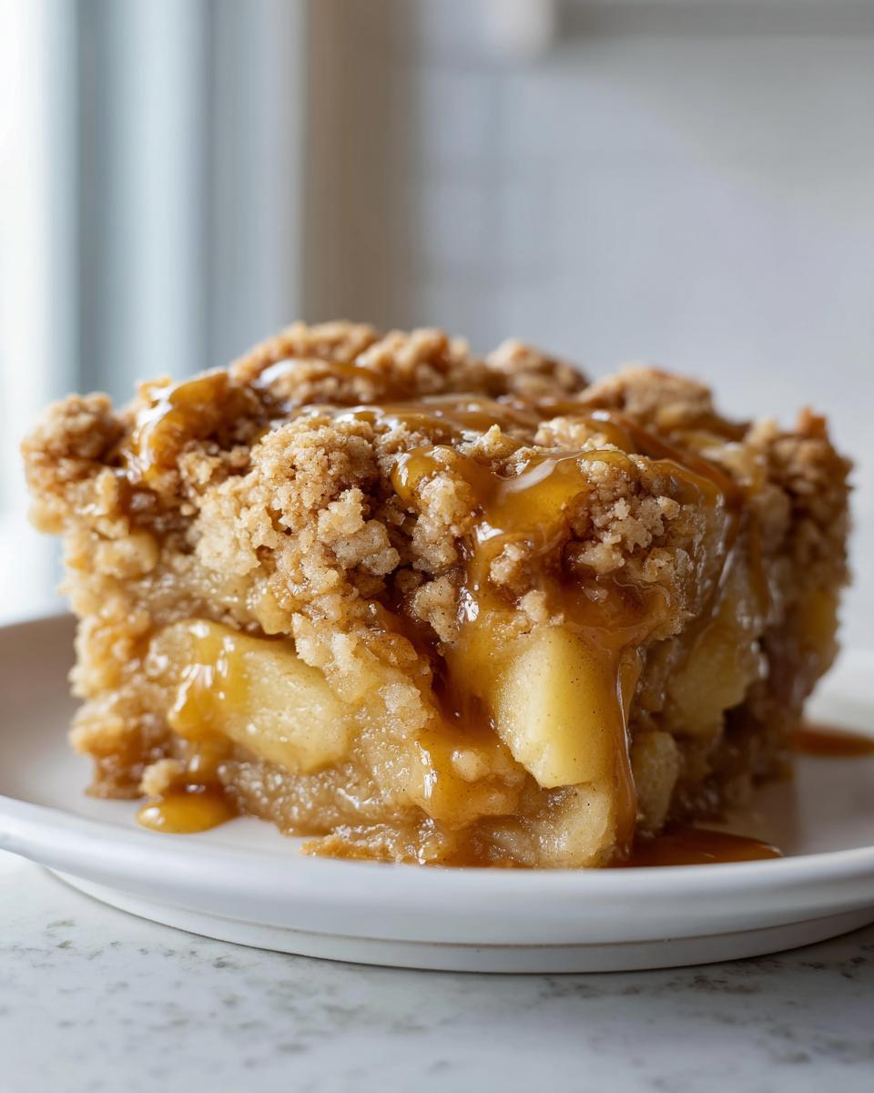 Close-up of a slice of caramel apple dump cake featuring soft apples, crumb topping, and dripping caramel sauce.