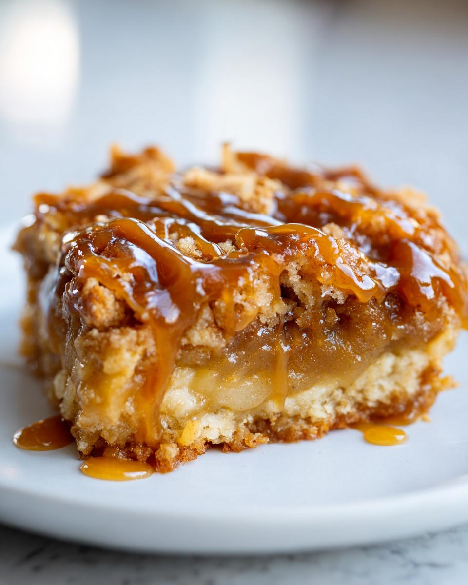 Close-up of a square slice of gooey caramel apple dump cake topped with a thick caramel sauce drizzle.