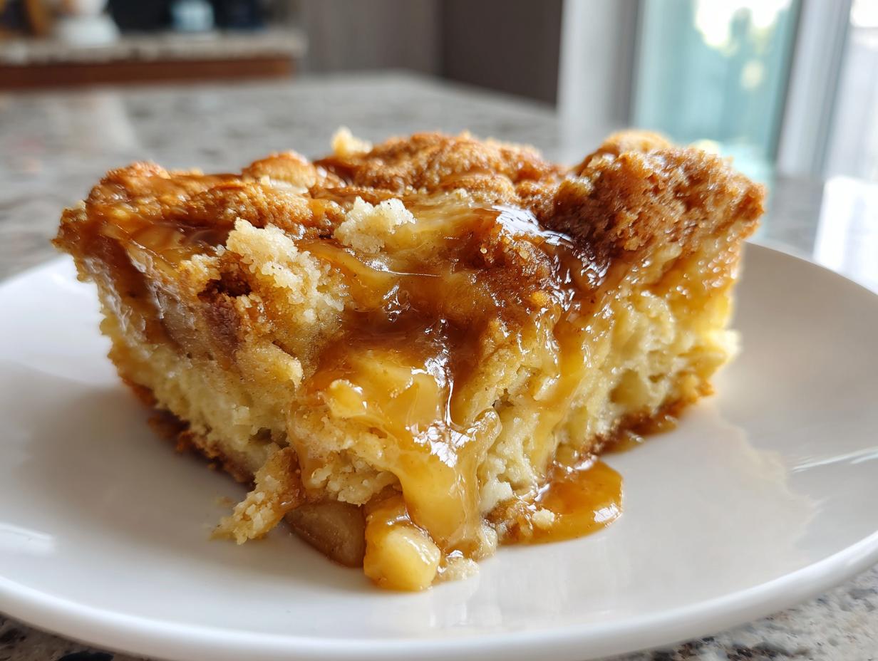 Close-up of a moist slice of caramel apple dump cake topped with dripping caramel sauce.