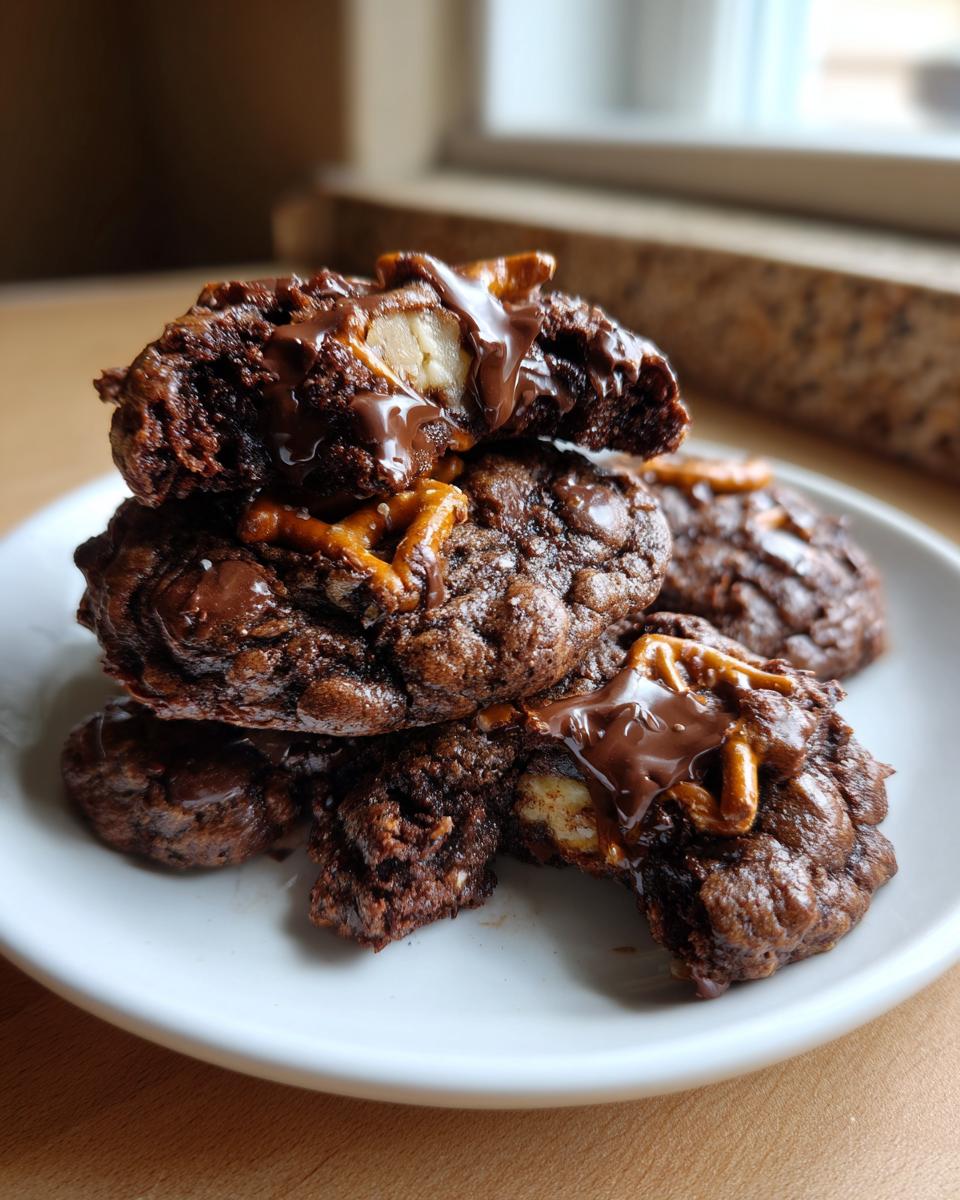 A stack of rich, dark chocolate kitchen sink cookies drizzled with melted chocolate and topped with pretzels.