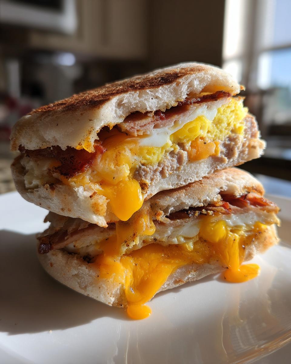 Cross-section of an english muffin breakfast sandwich stacked high with egg, bacon, and dripping melted cheese.