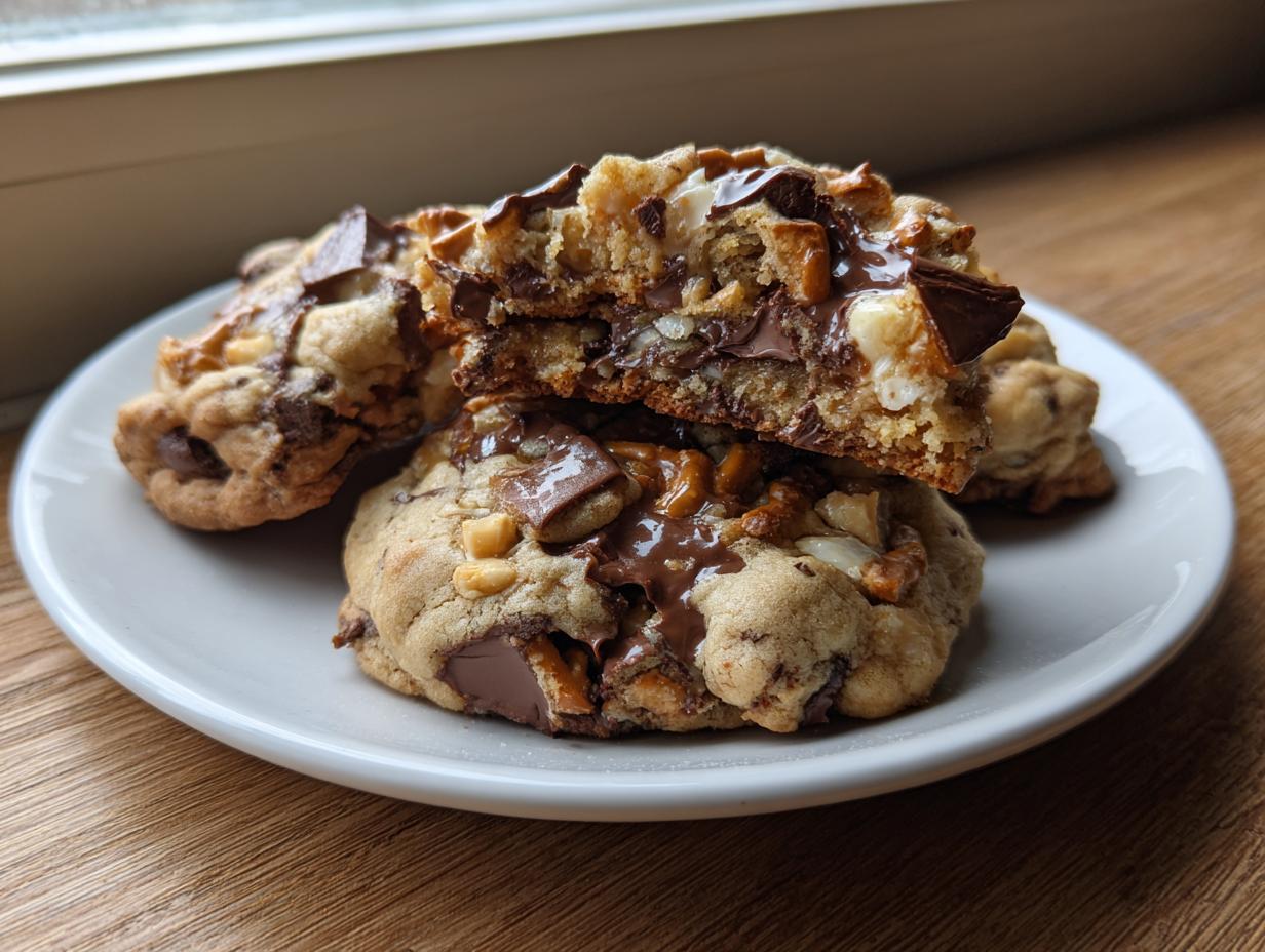 Close-up of gooey kitchen sink cookies stacked on a white plate, showing melted chocolate and mix-ins inside.