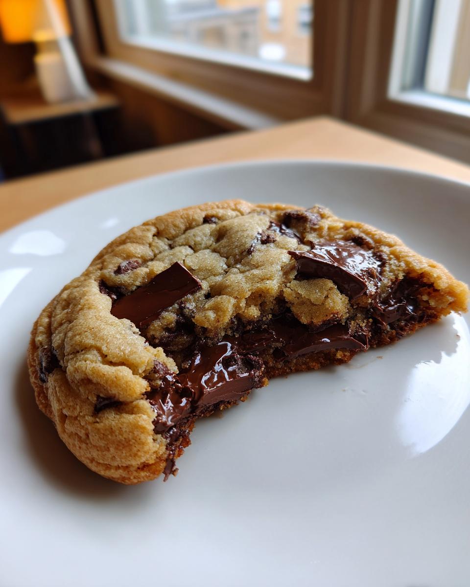 A close-up of a thick, underbaked levain bakery chocolate chip cookies with melted, gooey chocolate chunks.
