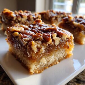 A close-up, appetizing view of a square pecan pie bars slice showing a thick, gooey topping over a shortbread crust.