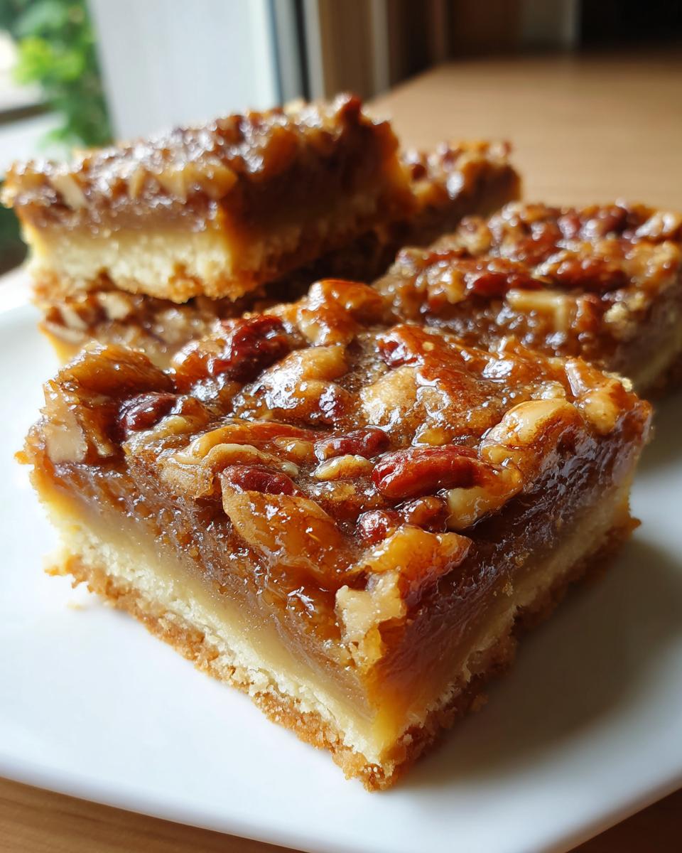 A close-up of a thick, gooey pecan pie bars slice showing the shortbread crust and caramelized pecan topping.