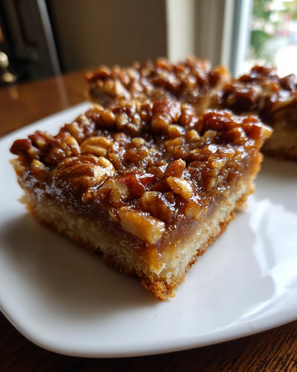 A close-up, appetizing shot of a square pecan pie bars slice showing the thick, gooey pecan topping over a shortbread crust.