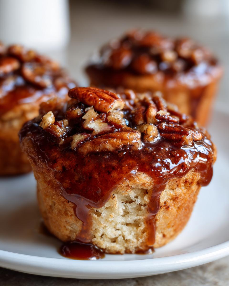 Close-up of a gooey pecan pie muffin with a bite taken out, covered in rich caramel sauce and pecans.